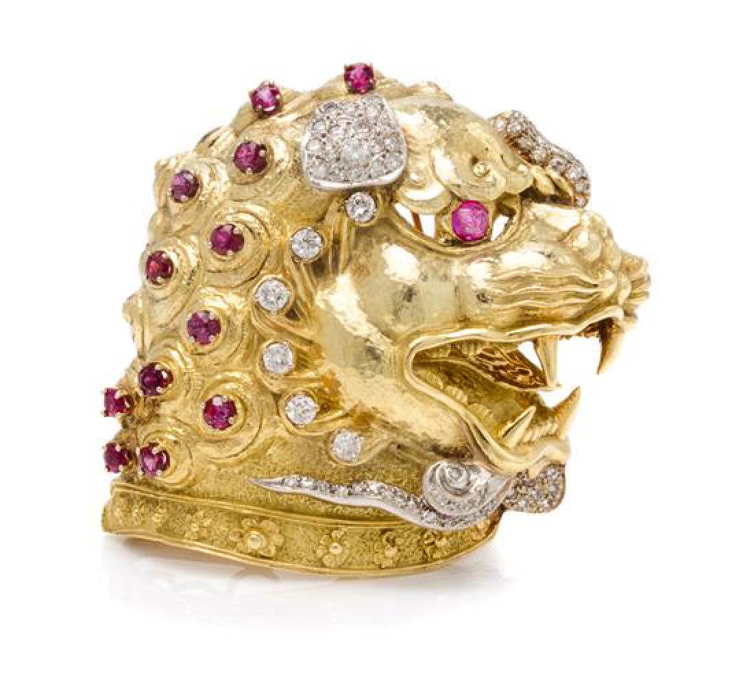 An 18 Karat Yellow Gold, Ruby and Diamond Fu Dog (1 of 1)