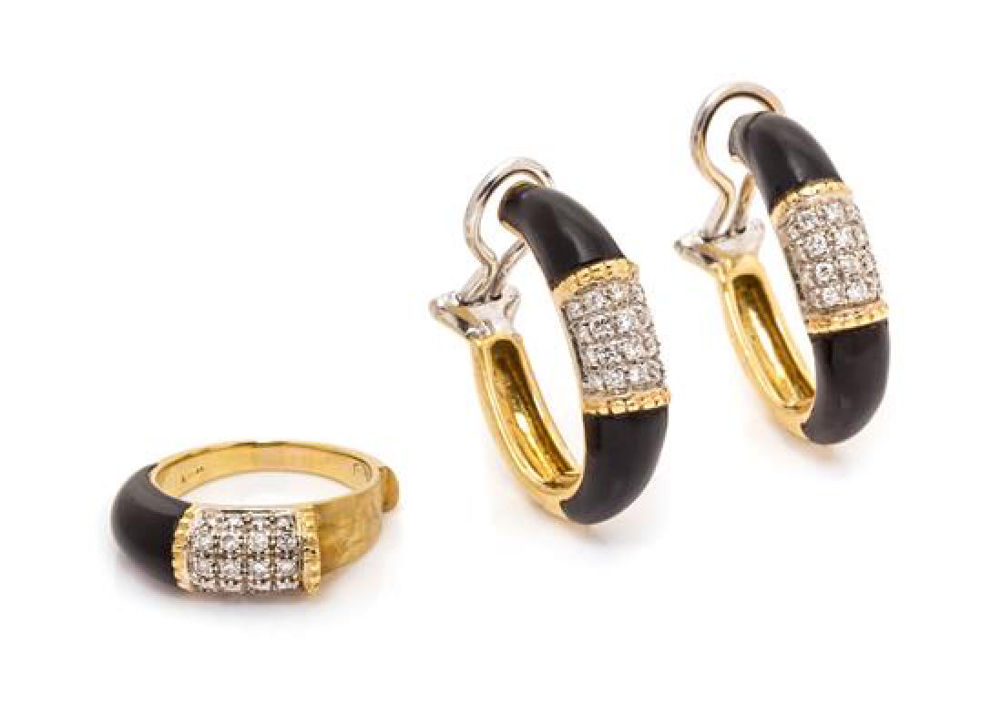 An 18 Karat Yellow Gold, Onyx, and Diamond Demi-Parure, (1 of 1)