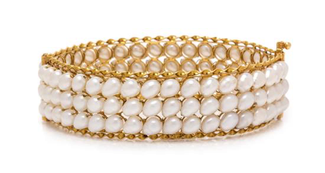 A Yellow Gold and Cultured Pearl Bangle Bracelet, 24.50 (1 of 1)