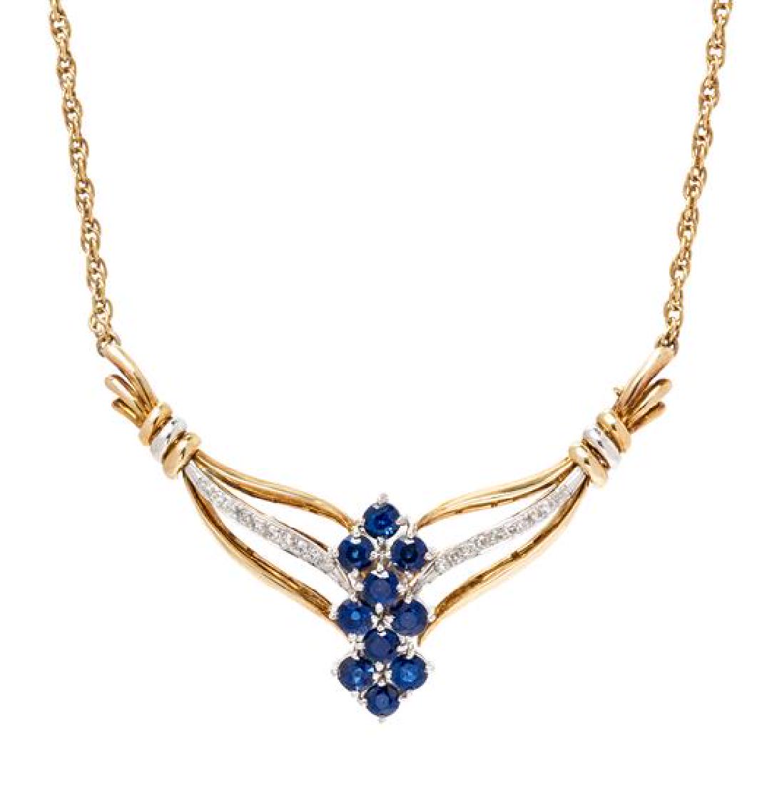 A Bicolor Gold, Sapphire and Diamond Necklace, 9.60: A Bicolor Gold, Sapphire and Diamond Necklace, consisting of a central 14 karat bicolor gold plaque containing 10 round mixed cut sapphires measuring approximately 3.42 mm in diameter, and 20 round br