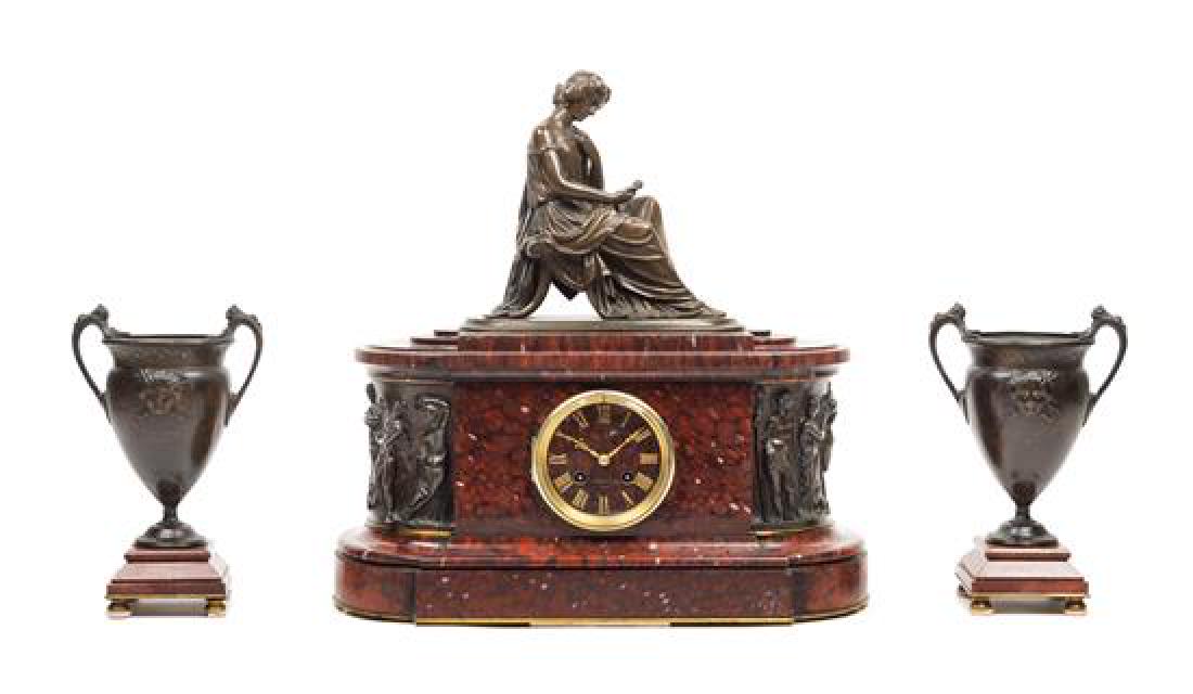 A French Bronze and Marble Clock Garniture Height of (1 of 1)