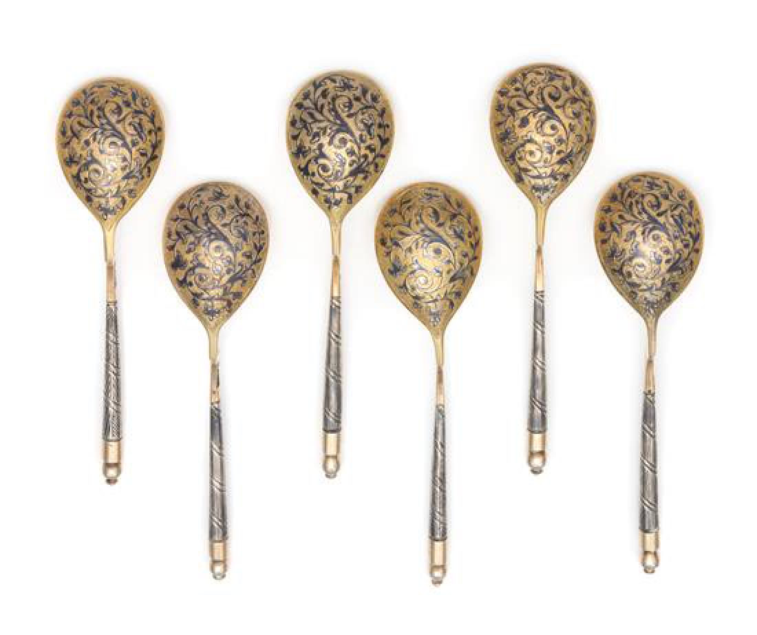 A Set of Six Russian Niello and Silver-Gilt Teaspoons (1 of 2)