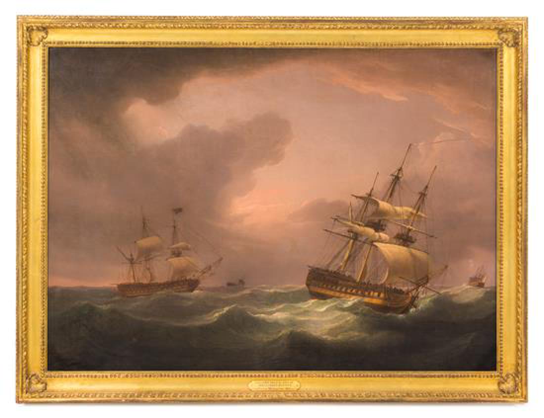 Thomas Whitcombe: Thomas Whitcombe (British, 1752-1824) A Squadron of the Royal Navy in Heavy Weather oil on canvas signed and T. Whitcombe (lower left) 25 3/4 x 36 1/4 inches. Estimate $ 10,000-15,000 Property from Fa