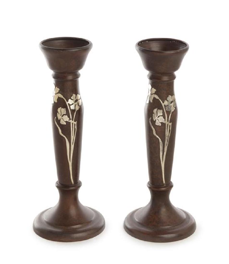 A Pair of American Art Nouveau Silver Inlaid Bronze (1 of 1)