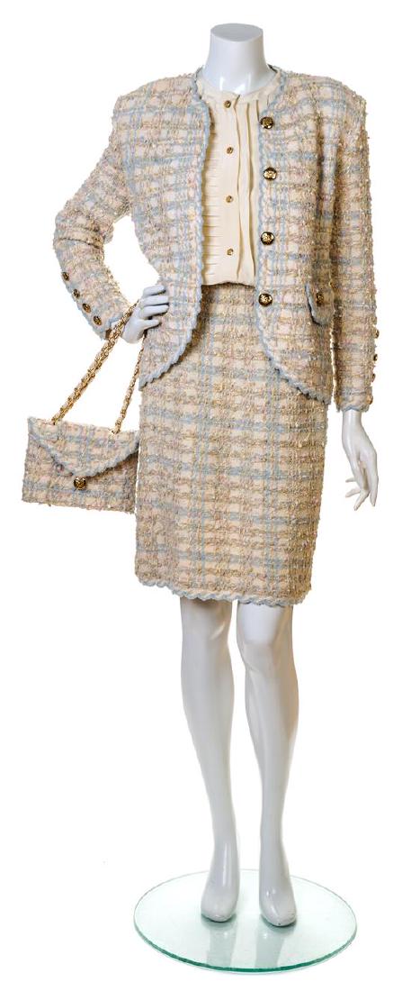 An Adolfo Baby Blue and Pink Boucle Skirt Ensemble, (1 of 3)