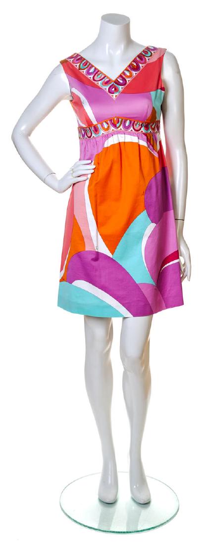 An Emilio Pucci Multicolor Cotton Dress,: An Emilio Pucci Multicolor Cotton Dress, sleeveless with a V-neckline and a side zip closure. Labeled: Emilio Pucci. Size 8. Estimate $ 200-300 Overall very good condition; one tiny spot on back bodic