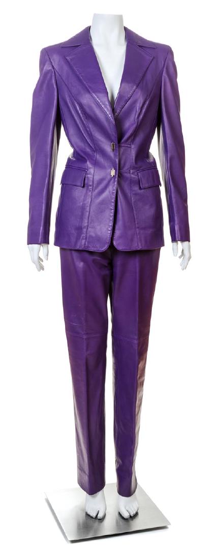 An Escada Purple Leather Pant Suit,: An Escada Purple Leather Pant Suit, comprised of a jacket with a notched collar, decorative silvertone toggle front closure and front flap pockets; together with a matching pant with front curved pock