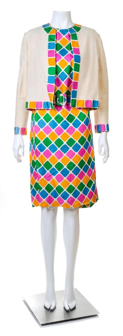 A Kaplan Couture Multicolor Block Design Dress and: A Kaplan Couture Multicolor Block Design Dress and Sweater Set, comprised of a sleeveless silk sheath dress with a rounded neckline, a detachable matching belt and a back zip closure; together with an
