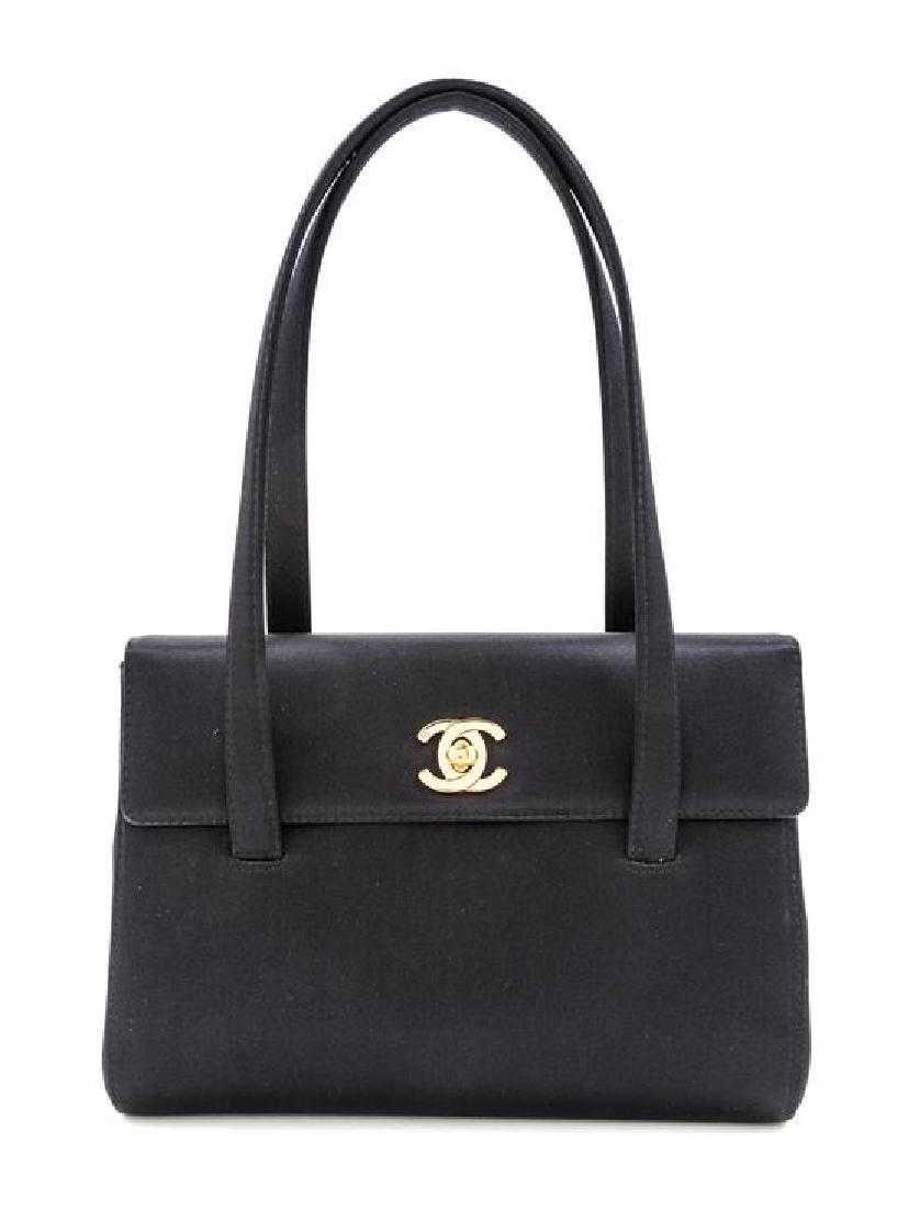 A Chanel Black Satin Small Flap Handbag, (1 of 3)