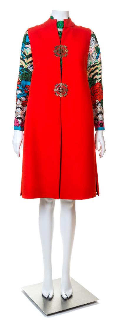 A Tina Leser Multicolor Silk Dress and Red Wool Vest, (1 of 3)