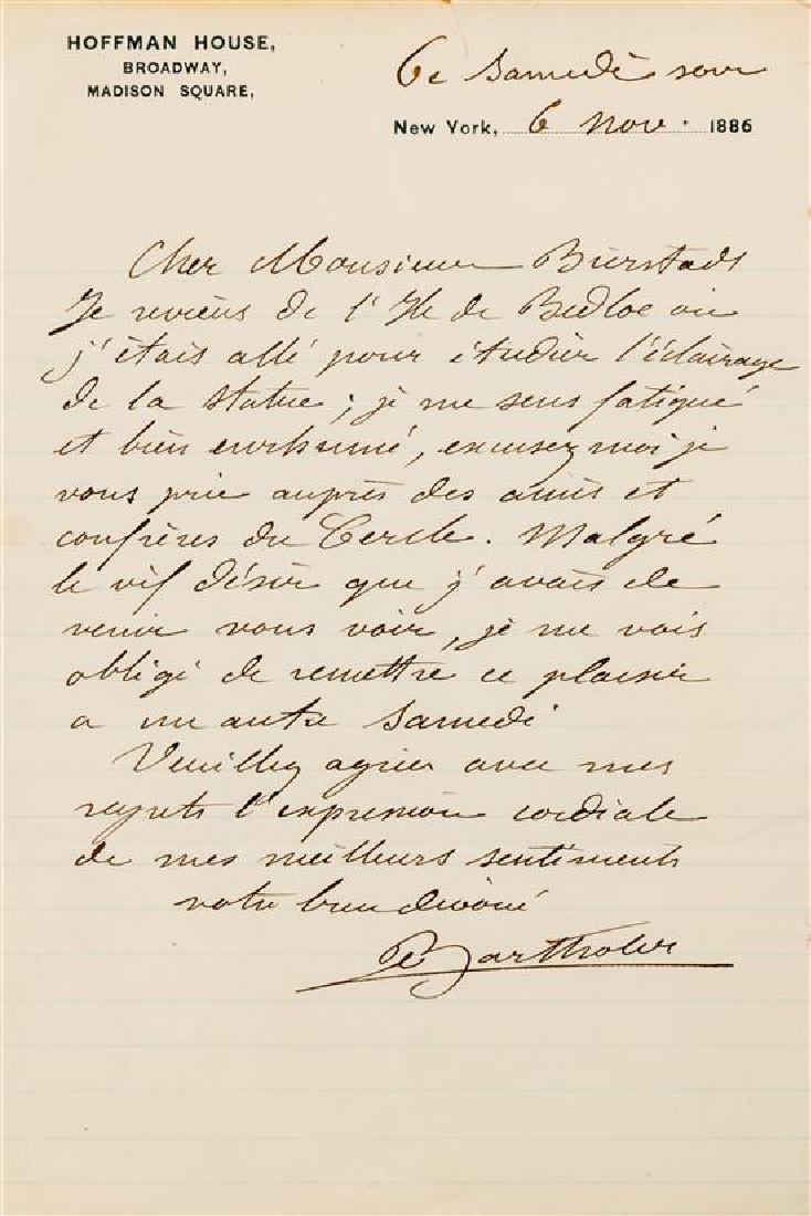 BARTHOLDI, Frederic Auguste (1834-1904).: * BARTHOLDI, Frederic Auguste (1834-1904). Autograph letter signed ("Bartholdi"), in French, to Albert Bierstadt. New York, 6 November 1886. 1 page, 8vo, creased at folds, on Hoffman House, New York s