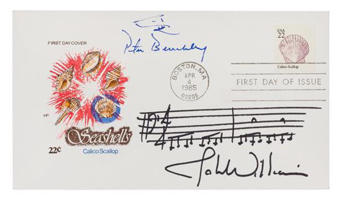 WILLIAMS, John (b.1932).: * WILLIAMS, John (b.1932). Autograph musical quotation signed ("John Williams"), to Peter Benchley. Boston, MA, 4 April 1985. 1 page, oblong 8vo, on envelope honoring the Calico Scallop stamp on first