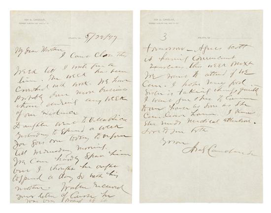 CANDLER, Asa Griggs (1851-1929).: * CANDLER, Asa Griggs (1851-1929). Autograph letter signed ("Asa G Candler"), to his mother. Atlanta, 22 May 1897. 3 pages, 8vo, unobtrusive tear to top of first page, light browining or staining, cre