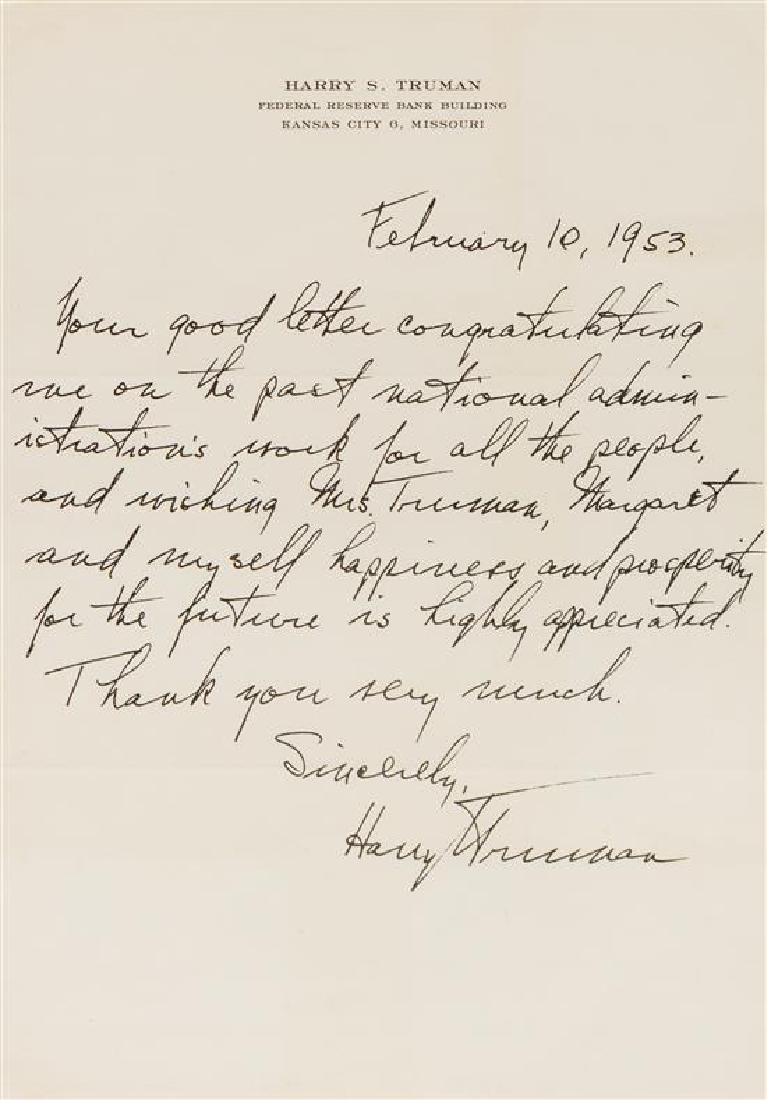TRUMAN, Harry S. (1884-1972).: * TRUMAN, Harry S. (1884-1972). Facsimile letter from ("Harry Truman"), to Lucius Shepard. Kansas City, Missouri, 10 February 1953. 1 page, 8vo, on personal stationery, with original holograph envelop