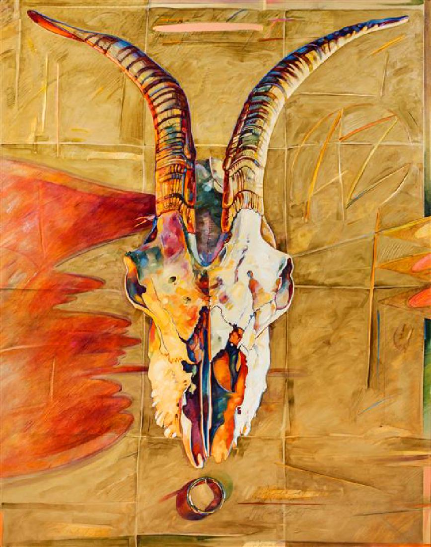 John Fincher, (American, b. 1941), Goat with Ring II,: John Fincher (American, b. 1941) Goat with Ring II, 1980 oil on canvas signed John Fincher and dated (lower left) 84 1/4 x 66 inches Estimate $ 800-1,200 Framed: 84 3/4 x 66 1/2 inches