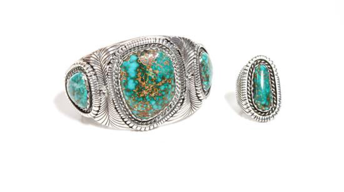 Navajo Silver and Turquoise Cuff Bracelet and Ring, Lee (1 of 1)