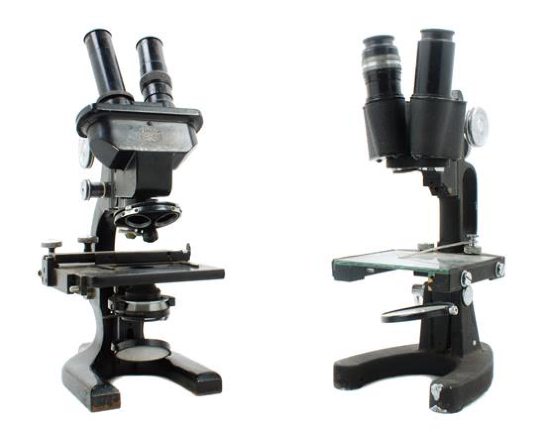 * Two Black Lacquered Binocular Microscopes Height of (1 of 1)