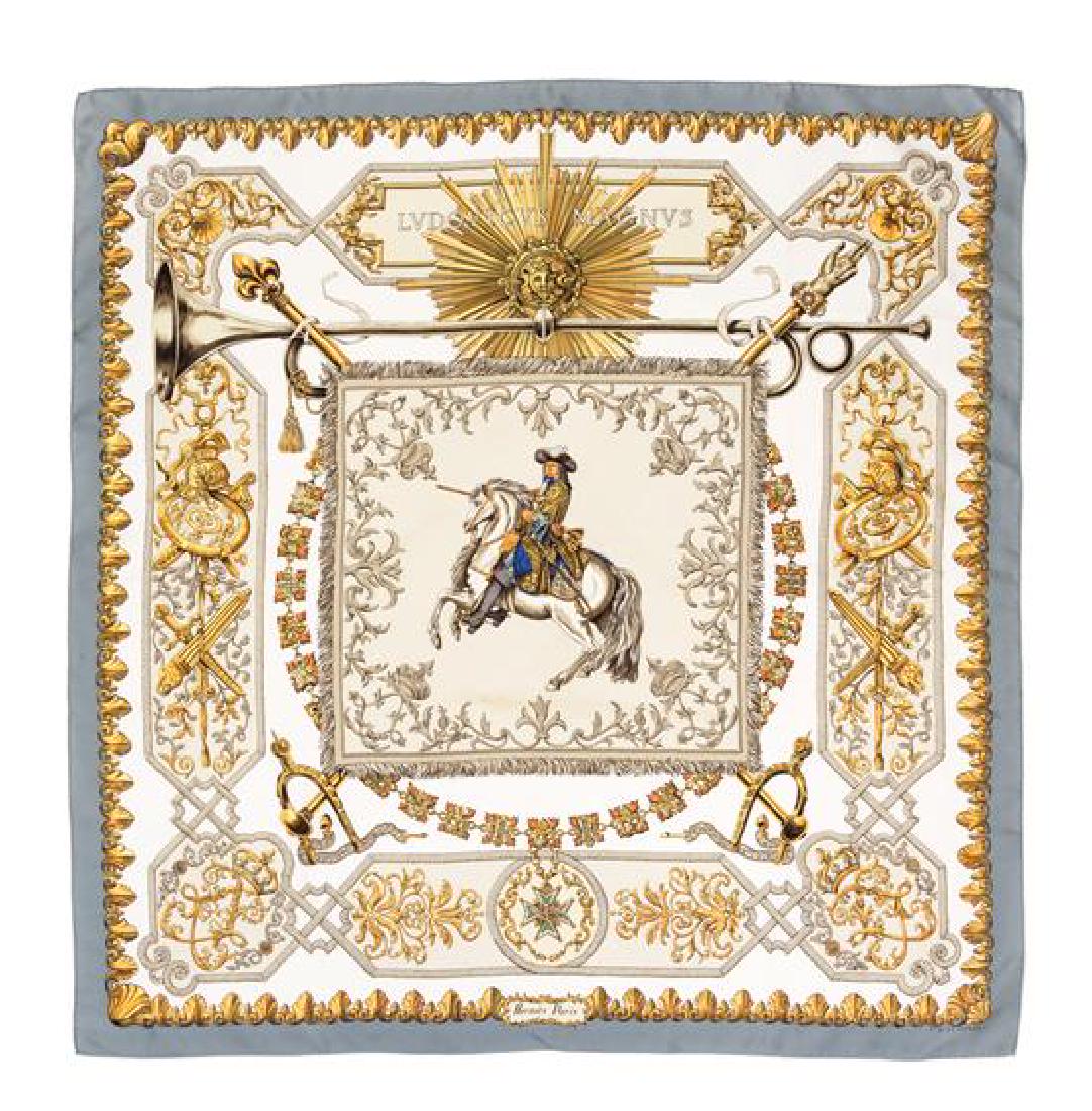 An Hermès 90cm Silk Scarf, 36" x 36".: An Hermès 90cm Silk Scarf, "Ludovicus Magnus" pattern, designed by Françoise de la Perriere. Together with a box. Labeled within the print: Hermès. 36" x 36". Estimate $150-200 Overall good conditi