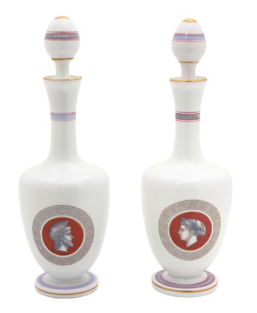 A Pair of French Painted White Opaline Glass Decanters: A Pair of French Painted White Opaline Glass Decanters 20th century Height 11 1/2 inches. Estimate $200-400