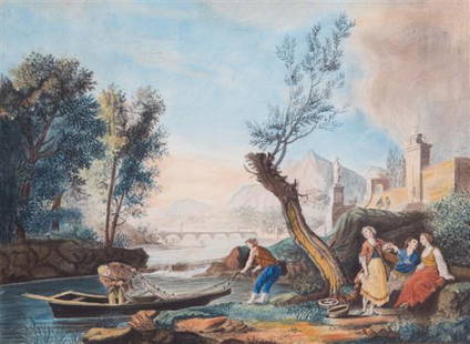 A Color Engraving after Claude Joseph Vernet 13 x 18: A Color Engraving after Claude Joseph Vernet 19th century depicting figures in landscape with a small boat. 13 x 18 inches. Estimate $100-200 Property from the Estate of Ulf L. Albert.