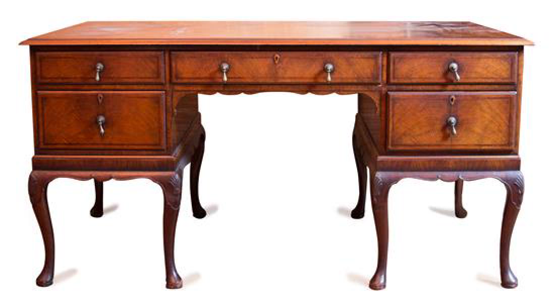 A George II Style Inlaid Mahogany Desk Height 30 x: A George II Style Inlaid Mahogany Desk 19th century Height 30 x width 58 x depth 32 inches. Estimate $300-500 Nicks to feet, condition commensurate with age.