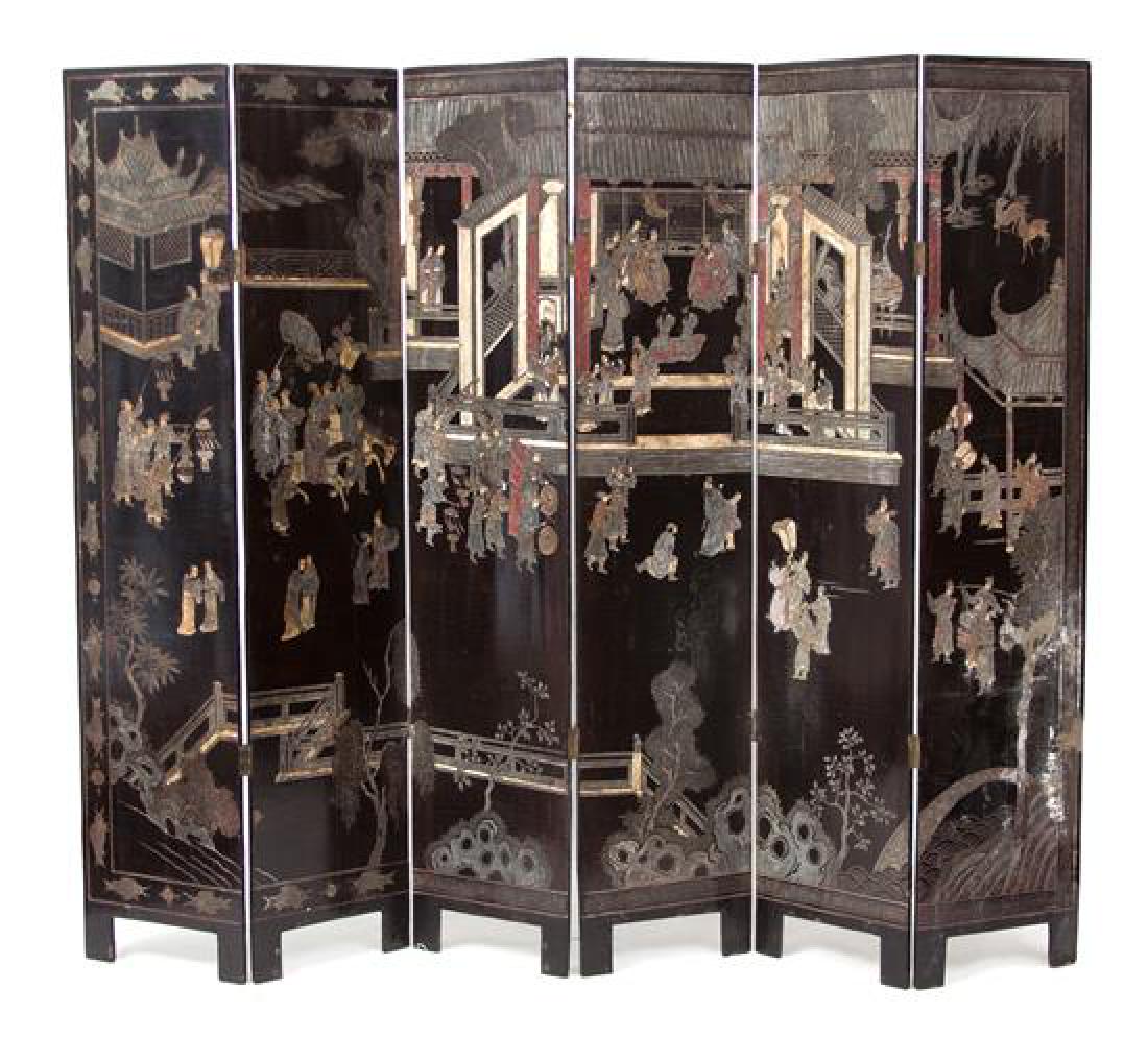 A Chinese Coromandel Lacquer Six-Panel Floor Screen (1 of 2)