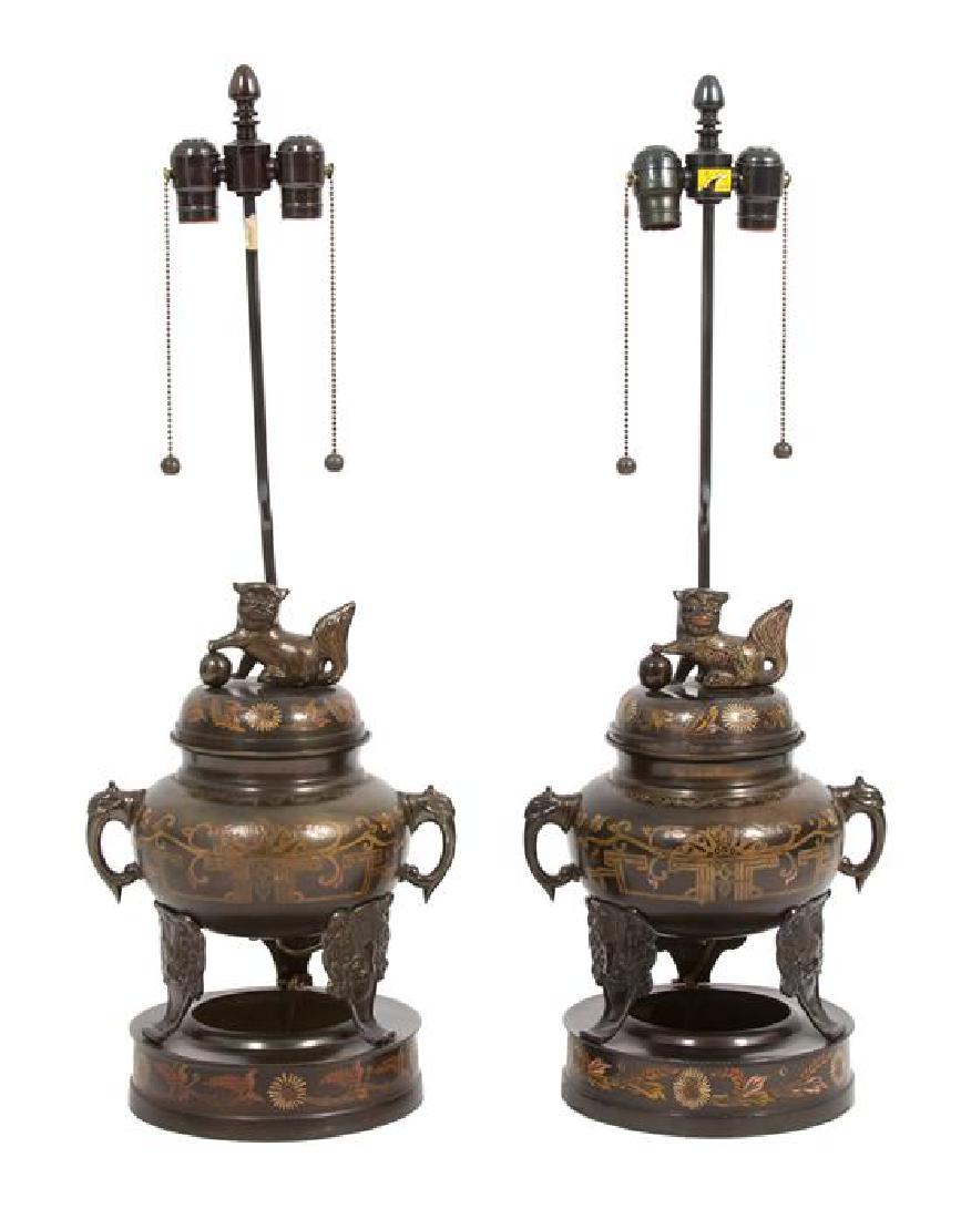 A Pair of Asian Bronze Censers with Foo Dog Finials (1 of 1)