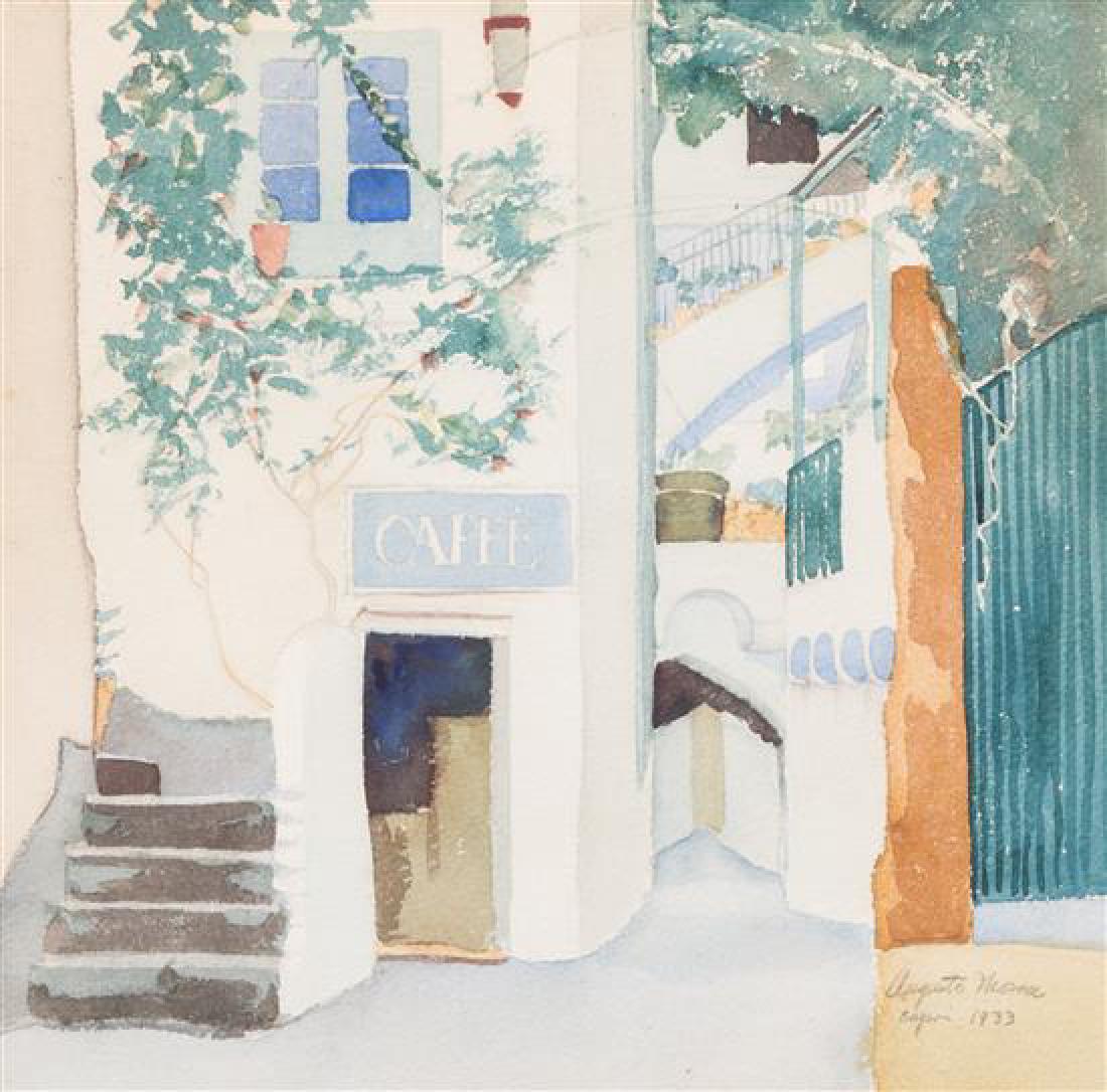 August Mosca, (American, 1909-2002), Works of Capri,: August Mosca (American, 1909-2002) Works of Capri, 1933 two watercolors each signed and dated (lower margin) Each 13 1/4 x 13 1/2 inches. Estimate $300-500