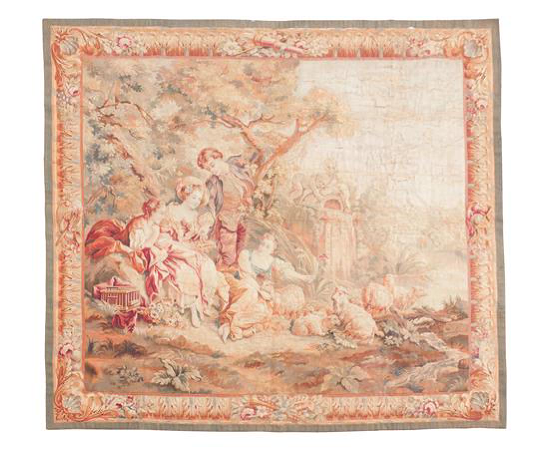 An Aubusson Tapestry 70 x 64 inches.: An Aubusson Tapestry 19th century signed J. Bordovael depicting Spring courting. 70 x 64 inches. Estimate $500-700 Separation of weave throughout, lined.