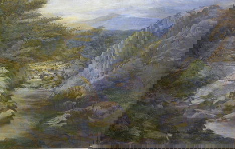 JOHN WRIGHT OAKES (British 1820-1887) ANGLERS ON: JOHN WRIGHT OAKES (British 1820-1887) ANGLERS ON A WELSH RIVER signed, oil on canvas, laid down 19 3/4 x 30 in.