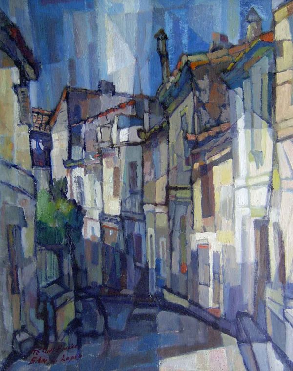 EDWARD L. LOPER (American b. 1916) ABSTRACT STRE: EDWARD L. LOPER (American b. 1916) ABSTRACT STREET SCENE signed and dedicated, oil on canvas 30 x 24 in.