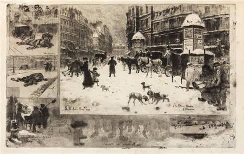 Félix Hilaire Buhot: Félix Hilaire Buhot (French, 1847-1898) L'Hiver à Paris, 1879 etching, drypoint, aquatint, sulphurtint, softground, and roulette 9 1/2 x 13 1/2 inches. Estimate $200-400