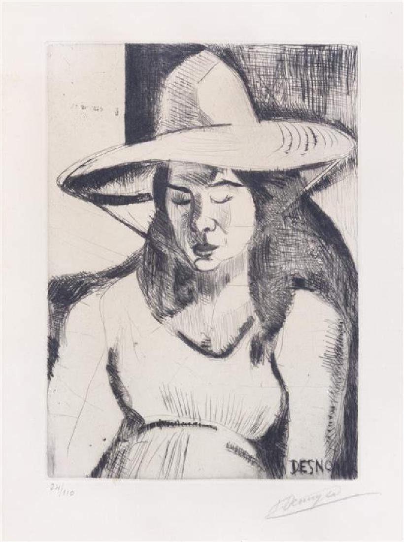 François Desnoyer: François Desnoyer (French, 1894-1972) Femme avec chapeau etching numbered 24/110 and signed in pencil Pl: 8 1/2 x 6 1/8 inches. Estimate $100-200