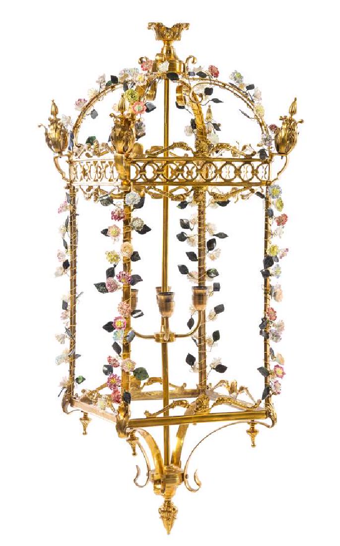 A French Porcelain Mounted Gilt Metal Lantern Height 47 (1 of 1)