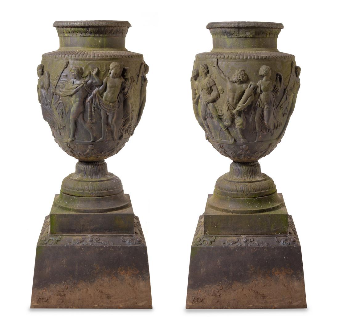 A Pair of Cast Metal Garden Urns Height overall 54 (1 of 1)