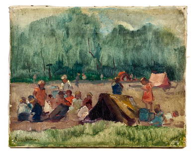 Louis Soonius, (Netherlands, 1883-1956), Picnic Scene: Louis Soonius (Netherlands, 1883-1956) Picnic Scene oil on canvas signed Louis Soonius (lower left) 9 3/8 x 11 3/4 inches. Estimate $300-500 Unframed. In good, stable condition. Discoloration and gene