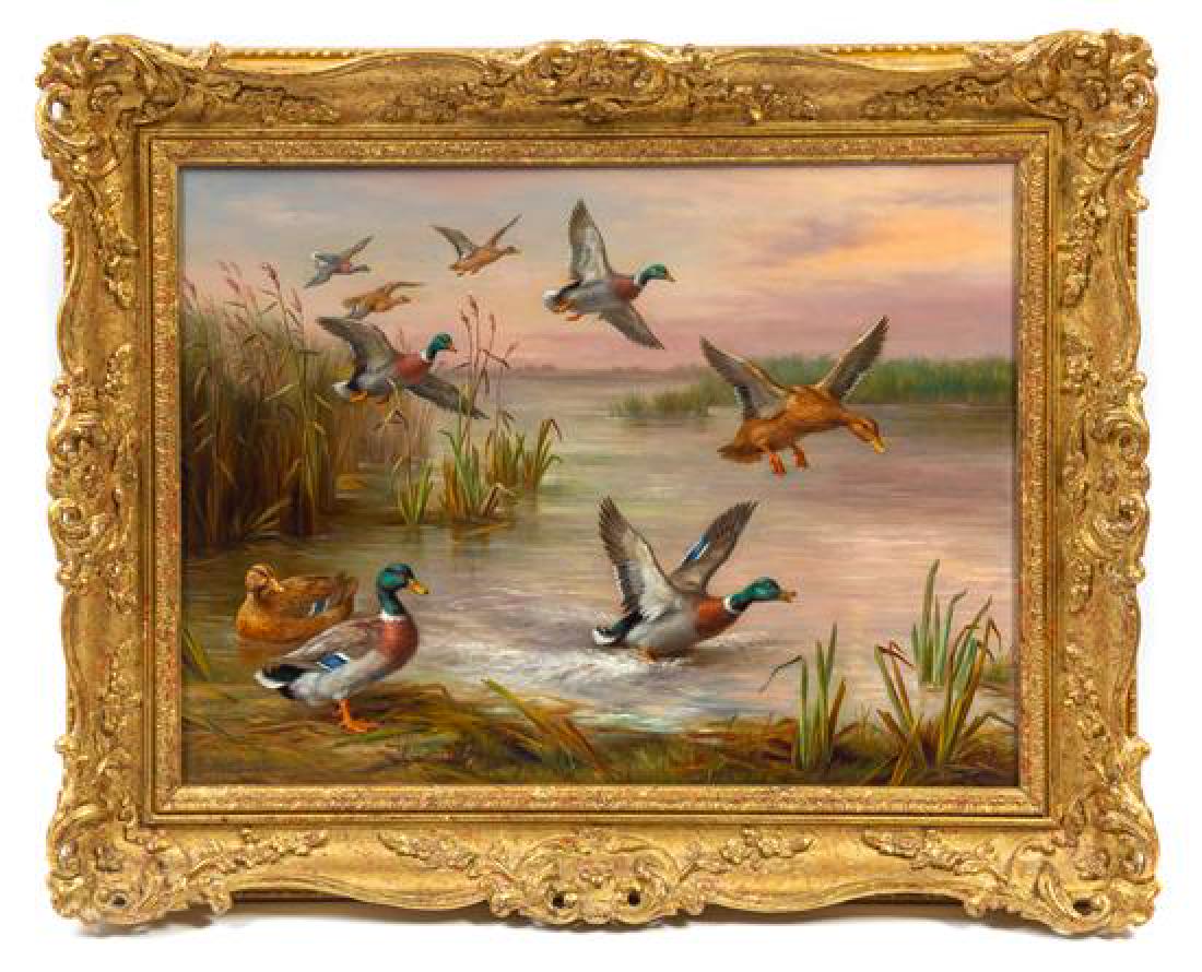 Edgar Hunt, (British, 1876-1955), Ducks in Flight, 1931: Edgar Hunt (British, 1876-1955) Ducks in Flight, 1931 oil on canvas signed E. Hunt and dated (lower left) 12 x 16 inches. Estimate $4,000-6,000 In overall good, stable condition. Minor abrasion to the