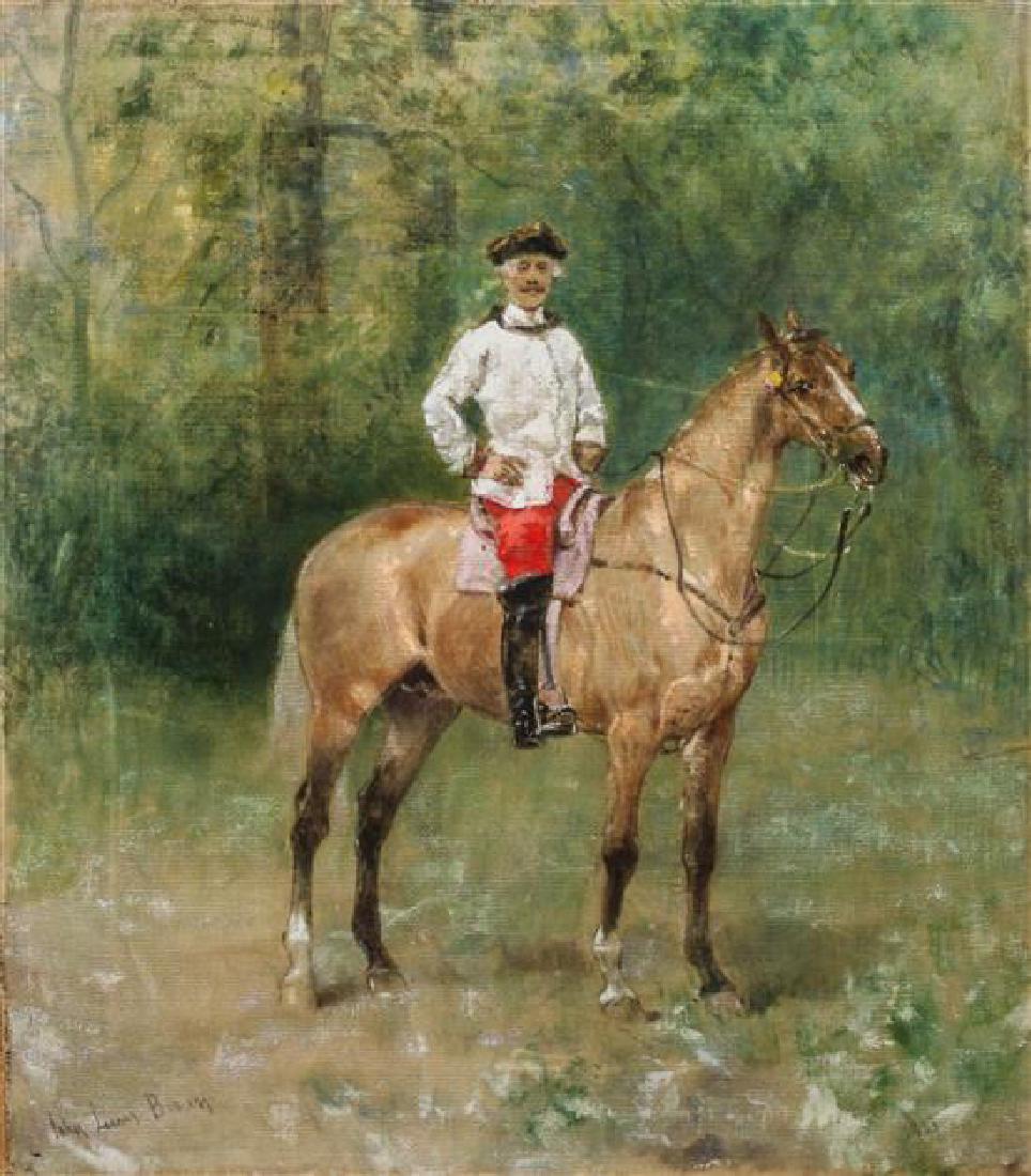 John L. Brown 22 x 19 inches: John L. Brown (british, 1829 - 1890) Uniformed Man on Horseback, oil on canvas, signed John Lewis Brown (lower left) 22 x 19 inches Estimate $700-900 Unframed, canvas is on stretcher bars. The canvas