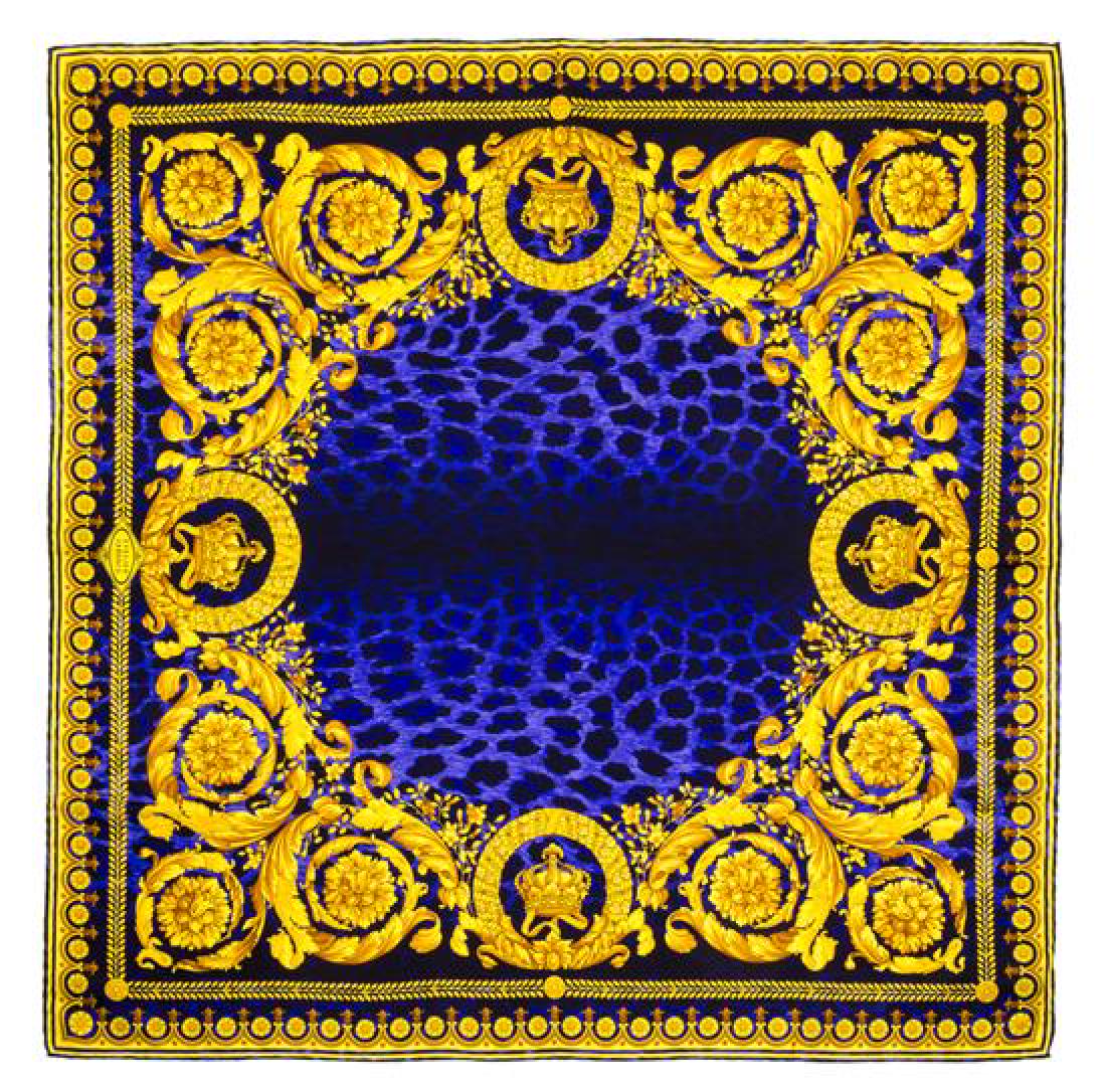 A Gianni Versace Silk Atelier Print Scarf,: A Gianni Versace Silk Atelier Print Scarf, Spring/Summer 1992, "Wild Baroque" print. Labeled within the print: Atelier Versace. 34" x 34". Estimate $200-300 Property from a Single-Owner Collector of 9