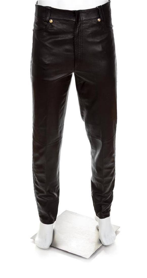A Gianni Versace Black Leather Men's Pant, Size 52. (1 of 1)