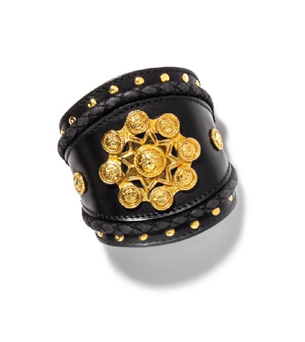 A Gianni Versace Black Leather Cuff, Width: 3.5"; (1 of 1)