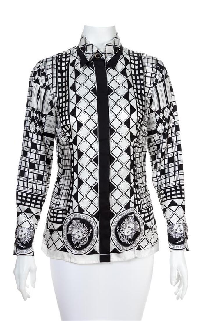 A Gianni Versace Silk Atelier Print Shirt, Size 40.: A Gianni Versace Silk Atelier Print Shirt, 1995, black and white geometric print with decorative silvertone and black Medusa embossed buttons at the top neck closure and cuffs and left side hidden but
