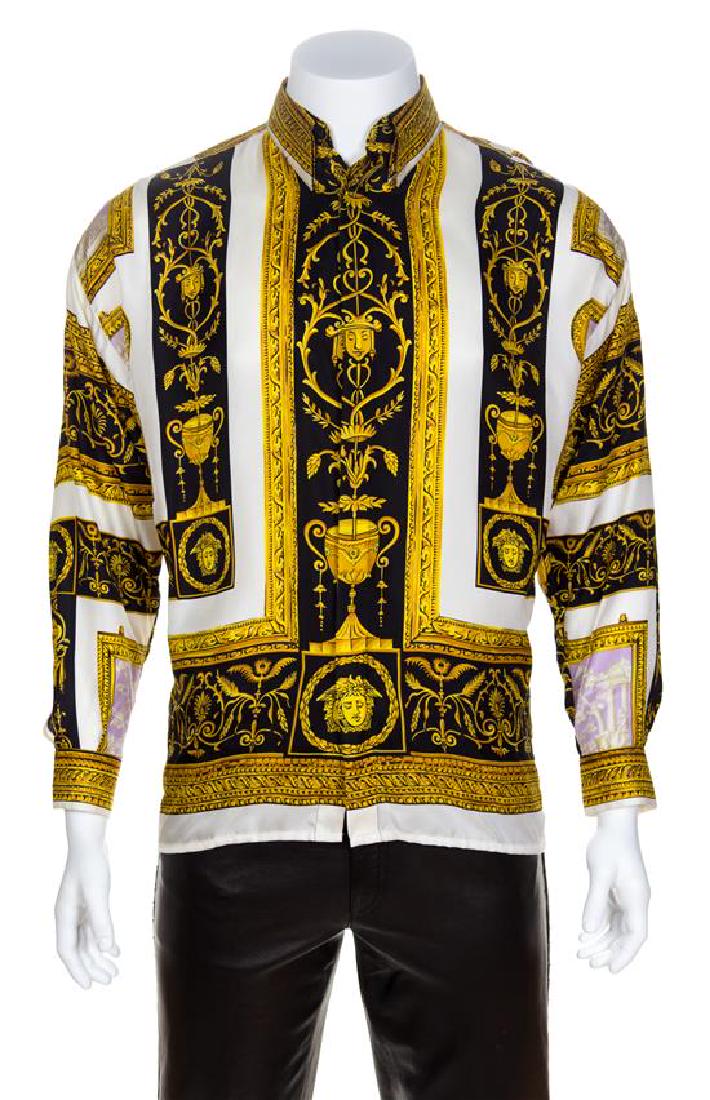 A Gianni Versace Silk Atelier Print Shirt, Size 46.: A Gianni Versace Silk Atelier Print Shirt, with a frame print, decorative black faceted buttons at the top neck closure and cuffs and right side hidden button closure. Labeled: Gianni Versace. Size 46