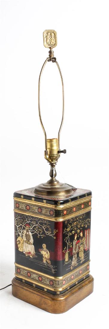 A Frederick Cooper Tole Canister Lamp: A Frederick Cooper Tole Canister Lamp Height overall 29 inches. Estimate $60-80