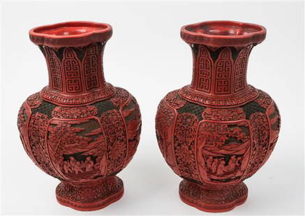 A Pair of Cinnabar Vases: * A Pair of Cinnabar Vases Height 17 inches. Estimate $200-400 Property from the Estate of Merrilee P. Crain, Windermere, Florida in overall good stable condition; a few age cracks visible; a few smal