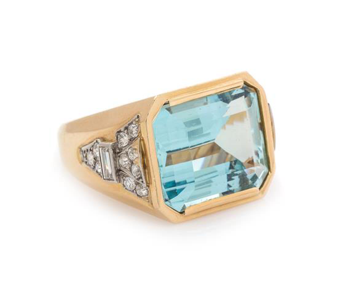 A Yellow Gold, Platinum, Aquamarine, and Diamond Ring, (1 of 2)