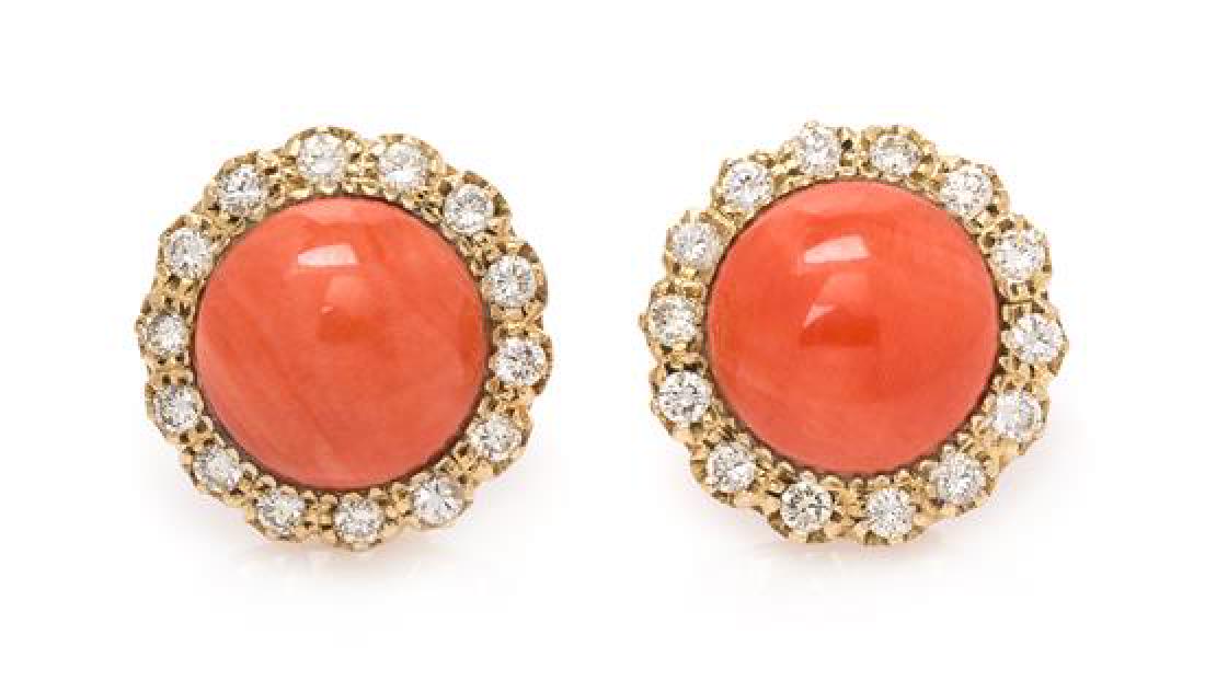 A Pair of 14 Karat Yellow Gold, Coral and Diamond (1 of 1)