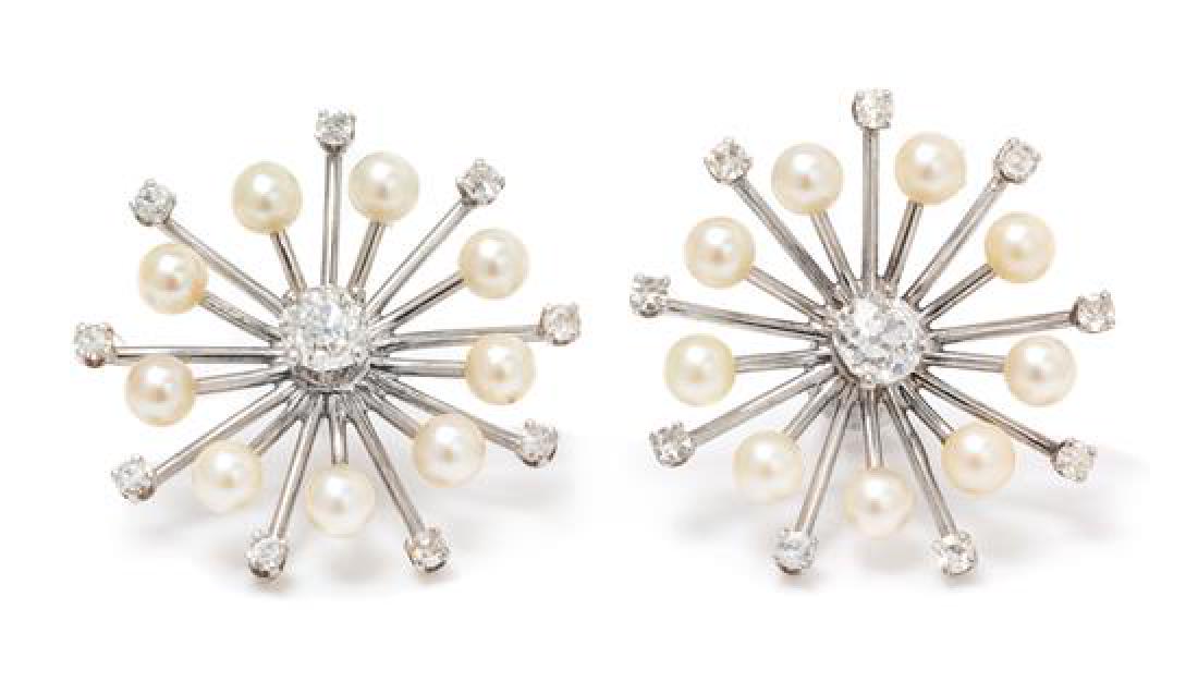 A Pair of White Gold, Diamond and Cultured Pearl (1 of 1)