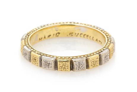 A Bicolor Gold Band Ring, Mario Buccellati, 4.50 dwts.: A Bicolor Gold Band Ring, Mario Buccellati, consisting of alternating yellow and white cube shaped design with engraved florette motif. Engraved: MARIO.BUCCELLATI. Stamp: (Italian hallmark). 4.50 dwts