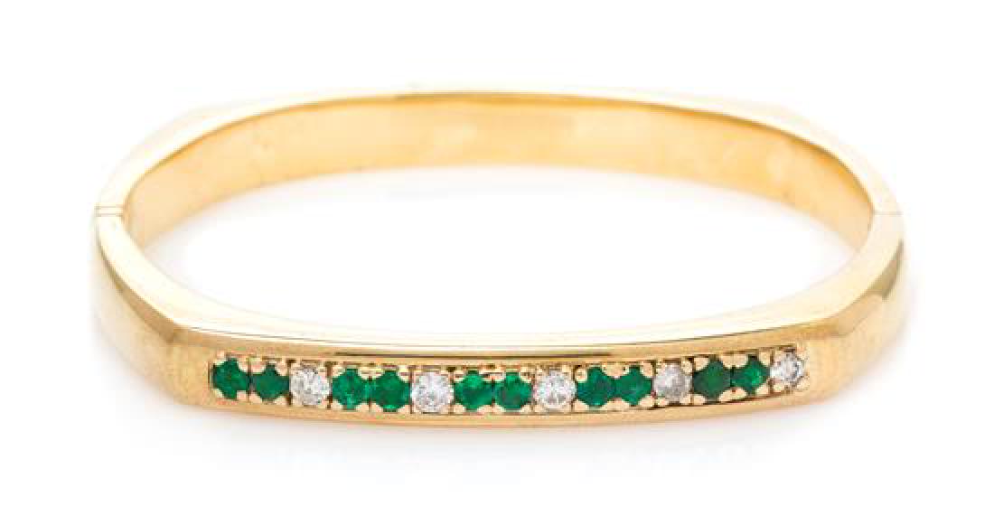 A Yellow Gold, Diamond, and Emerald Bangle Bracelet, (1 of 1)